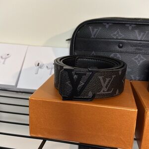 Louis Vuitton Black Leather Belt with Monogram Embossing